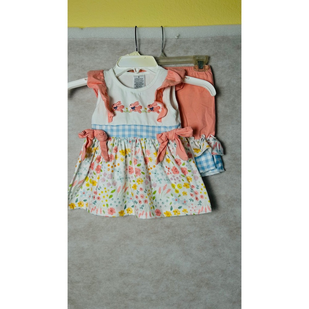 Kids Pink Bunny Embroidered Floral Gingham Ruffle Tunic and Shorts Set Size 3T